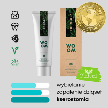 WOOM Herbal+, Naturalna organiczna pasta do zębów z ekstraktem z konopi dla ochrony dziąseł, 75 ml