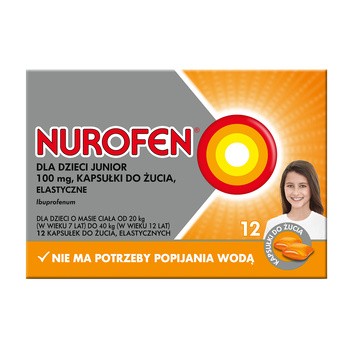 Nurofen dla dzieci Junior, 100 mg, kapsułki do żucia, elastyczne, 12 szt.
