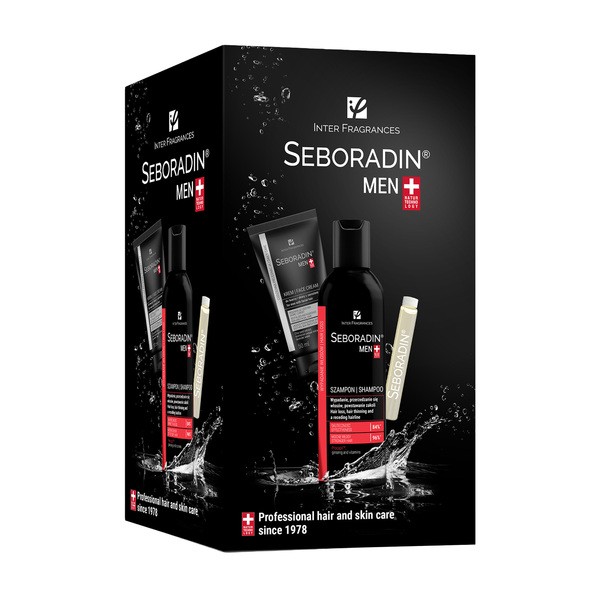 Seboradin Zestaw Promocyjny Seboradin Men, ampułki Forte, 14 x 5,5 g + krem do twarzy, 50 ml + szampon, 200 ml W PREZENCIE