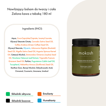 Mokosh, nawilżający balsam do twarzy i ciała, Zielona kawa z tabaką, 180 ml