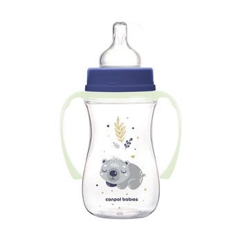 Canpol Babies Easy Start, Sleepy Koala, butelka szeroka antykolkowa ze świecącymi uchwytami, niebieska, 240 ml, 1 szt.