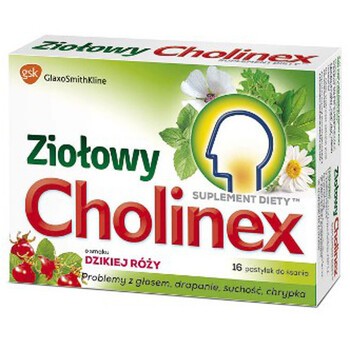Cholinex ziołowy, pastylki do ssania o smaku dzikiej róży, 16 szt.