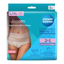 Canpol Babies, oddychające i ultrachłonne jedorazowe majtki 2w1 z podkładem poporodowym L/XL, 5 szt.