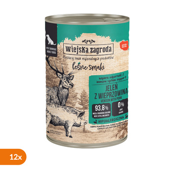 Zestaw 12 x Wiejska Zagroda Leśne Smaki Jeleń z wieprzowiną, mokra karma dla psa, 400 g