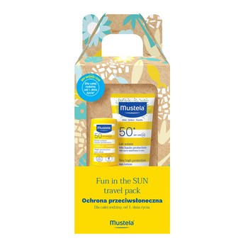 Zestaw Mustela Fun In The Sun travel pack, mleczko przeciwsłoneczne SPF 50+, 40 ml + sztyft przeciwsłoneczny SPF 50, 9 ml