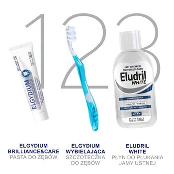 Zestaw Elgydium Whitening, pasta do zębów, wybielająca, 75 ml + Elgydium Brilliance & Care, pasta do zębów przeciw przebarwieniom, 30 ml