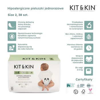 Kit & Kin, pieluszki 2 Midi (4-8 kg), Myszka/Panda, 38 szt.