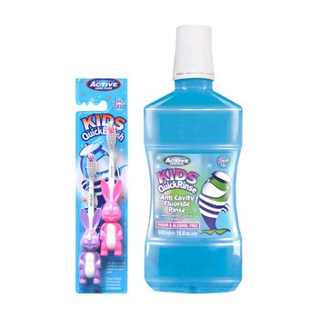 Zestaw Active Kids Quick, płyn do płukania jamy ustnej, fluor, 500 ml + szczoteczka do zębów dla dzieci (3-6 lat) Królik, 2 szt.