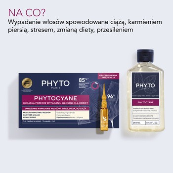 Zestaw Phytocyane, szampon uzupełniający kurację przeciw wypadaniu włosów dla kobiet, 250 ml + kuracja przeciw wypadaniu włosów dla kobiet, 12 ampułek
