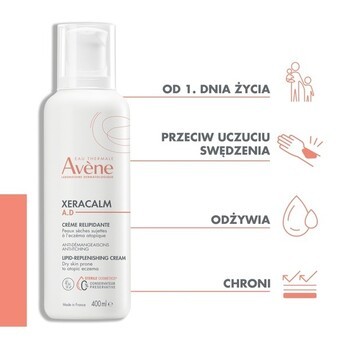 Zestaw Avene Eau Thermale Xera Calm A.D, uzupełniający lipidy olejek oczyszczający, 400 ml + krem uzupełniający lipidy, 400 ml