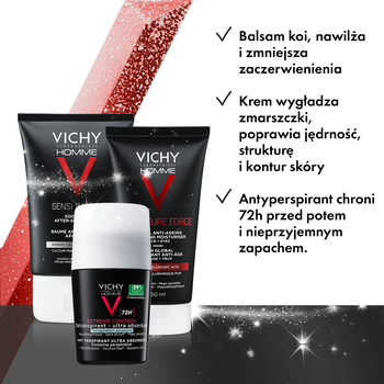 Zestaw Vichy Homme, Sensi Baume, balsam po goleniu, 70 ml + Structure Force, krem, 50 ml + Extreme Control, Antyperspirant w kulce 72h, 50 ml