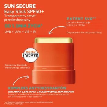 SVR Sun Secure Easy Stick, transparentny sztyft przeciwsłoneczny SPF 50+, 10 g