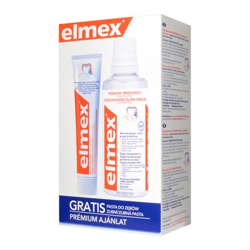 Zestaw Promocyjny Elmex, Przeciw Próchnicy, płyn do płukania jamy ustnej bez alkoholu, 400ml + pasta do zębów z aminofluorkiem, 75 ml GRATIS
