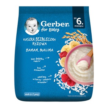 Gerber, kaszka bezmleczna ryżowa, banan, malina, 6 m+, 160 g