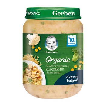 Gerber Organic, kalafior z brokułami, kurczakiem i kaszą bulgur, 10m+, 190 g
