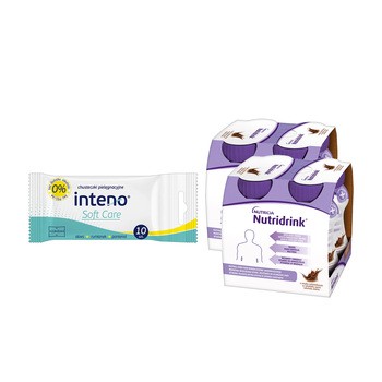 Zestaw 2x Nutridrink, smak czekoladowy, płyn, 4 x 125 ml + INTENO Soft Care, chusteczki pielęgnacyjne, 10 szt.