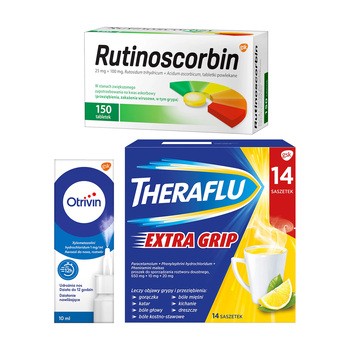 Zestaw Theraflu ExtraGrip + Rutinoscorbin + Otrivin, saszetki + tabletki + areozol