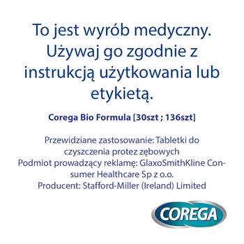 Corega Tabs Bio Formula, tabletki przeciwbakteryjne do czyszczenia protez zębowych 4w1, 136 szt.