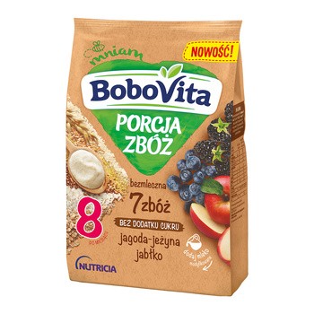 BoboVita Porcja Zbóż kaszka bezmleczna-7zbóż, jagoda, jeżyna, jabłko, 8 m+, 170 g