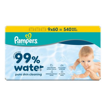 Pampers 99% Water Pure Skin Cleaning, chusteczki nawilżane dla dzieci, 9 x 60 szt.