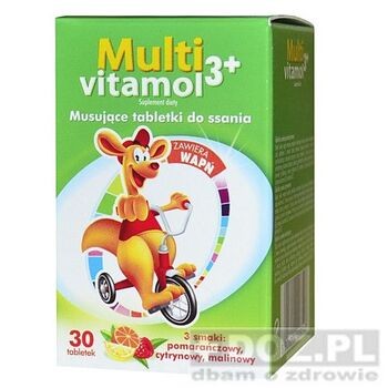 Multivitamol 3+, tabletki musujące do ssania, pomarańcza, cytryna, malina, 30 szt.