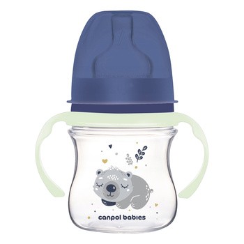 Canpol Babies Easy Start, Sleepy Koala, butelka szeroka antykolkowa ze świecącymi uchwytami, niebieska, 120 ml, 1 szt.