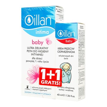 Zestaw Promocyjny Oillan Baby, płyn do higieny intymnej dla dzieci, 200 ml + krem przeciw odparzeniom, 40 ml