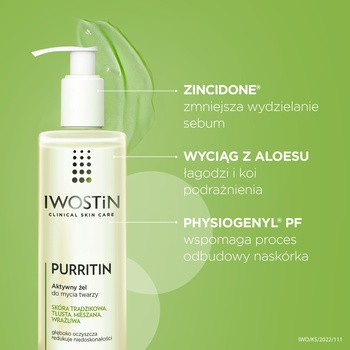 Iwostin Purritin, aktywny żel do mycia twarzy, skóra tłusta i trądzikowa, 300 ml