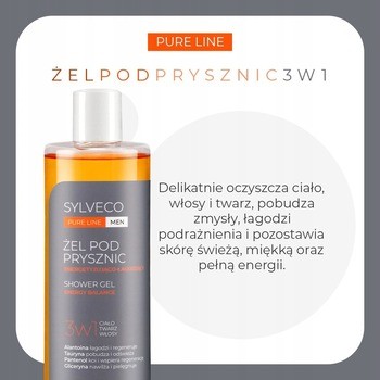 Sylveco Pure Line Men, żel pod prysznic 3w1, energetyzująco-łagodzący, 400 ml