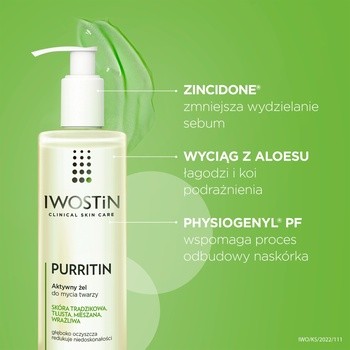 Iwostin Purritin, aktywny żel do mycia twarzy, skóra tłusta i trądzikowa, 150 ml