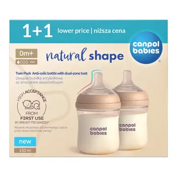 Canpol Babies Natural Shape, butelki ze smoczkiem dwustrefowym, 150 ml, przepływ wolny, 2 szt.