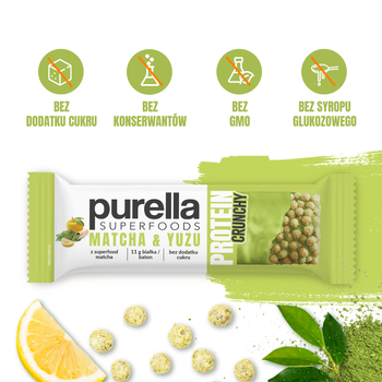 Purella Superfoods, Crunchy Matcha &Yuzu, baton proteinowy, 45 g