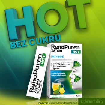 RenoPuren Zatoki Hot bez cukru, proszek, smak cytrynowo - miętowy, 8 sasz.