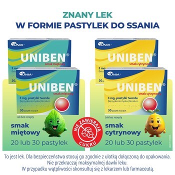 Uniben smak cytrynowy, 3 mg, pastylki twarde, 20 szt.