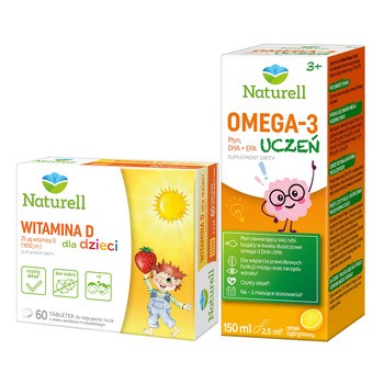 Zestaw Naturell Omega-3 Uczeń, płyn, 150 ml + Naturell Witamina D dla dzieci, tabletki do rozgryzania i żucia, 60 szt.