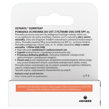 Oeparol Sunnyday, pomadka ochronna do ust, UVA/UVB, SPF 25, 4,8 g