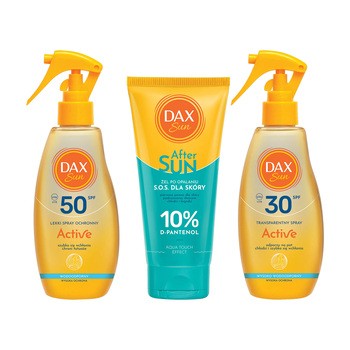 Zestaw DAX Sun, spray transparentny SPF30, 200 ml + lekki spray ochronny SPF 50, 200 ml + żel po opalaniu S.O.S. dla skóry z 10% D-Pantenol, 200 ml