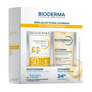 Zestaw Bioderma, Photoderm Pediatrics, ochronny spray dla dzieci SPF 50+, 200 ml + Atoderm Huile de douche, olejek do kąpieli i pod prysznic do ciała i twarzy, 200 ml