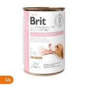 Zestaw 12 x Brit Veterinary Diet Dog Hypoallergenic, dietetyczna karma pełnoporcjowa dla psów z nietolerancją pokarmową, łosoś z groszkiem, 400 g