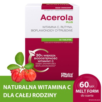 NutroPharma, Acerola Plus, tabletki do ssania, smak owocowy, 60 szt.