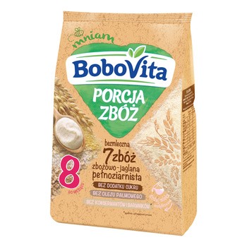 BoboVita Porcja Zbóż, kaszka bezmleczna 7 zbóż, zbożowo-jaglana pełnoziarnista, 8 m+, 170 g