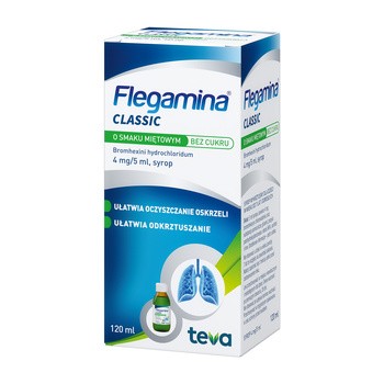 Flegamina, 4 mg/5 ml, syrop o smaku miętowym, bez cukru, 120 ml