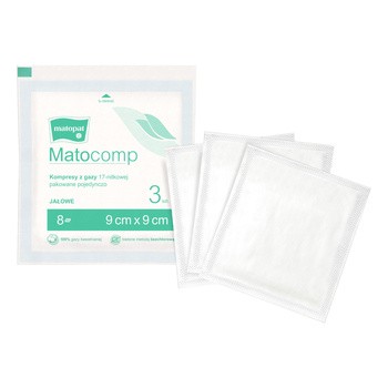 Matocomp, jałowe kompresy z gazy, 17-nitkowe, 9 cm x 9 cm, 8-warstwowe, 3 szt.