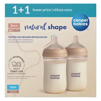 Canpol Babies Natural Shape, butelki ze smoczkiem dwustrefowym, 260 ml, przepływ wolny, 2 szt.