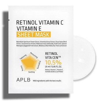 APLB Retinol Vitamin C Vitamin E Sheet Mask, maska w płachcie na twarz z retinolem oraz witaminami C i E, 25 ml