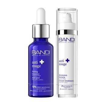 Zestaw Bandi Medical Expert Anti-Rouge, peeling kwasowy na naczynka, 10% kwas laktobionowy, glukonolakton, 30 ml + kremowa kuracja na naczynka, 2% Witamina PP + witamina K2, 50 ml