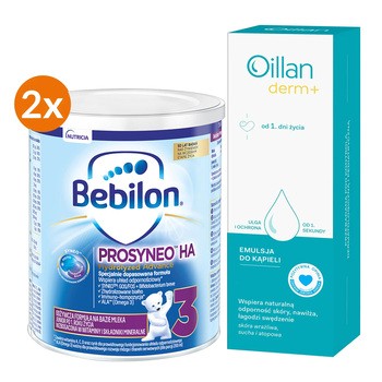 Zestaw, Bebilon Prosyneo HA 3, mleko modyfikowane po 1. roku, 2 x 400 g + Oillan Derm+, emulsja do kąpieli, 200 ml