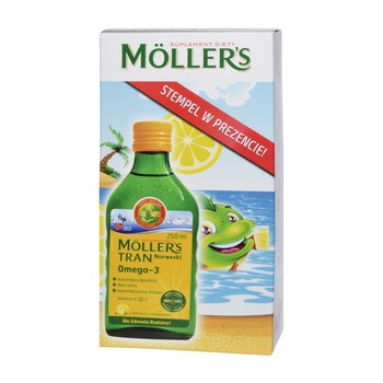 Moller`s Tran Norweski, aromat cytrynowy, 250 ml + stempel GRATIS