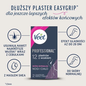 Veet Easy-Gel, plastry do depilacji z woskiem dla skóry normalnej, 12 szt.