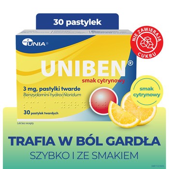Uniben smak cytrynowy, 3 mg, pastylki twarde, 30 szt.